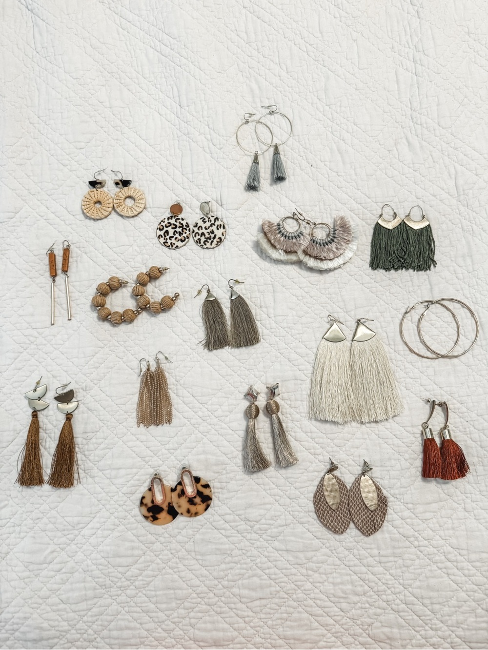 Neutral Fringe Drop Earrings — Cream and Taupe Statement